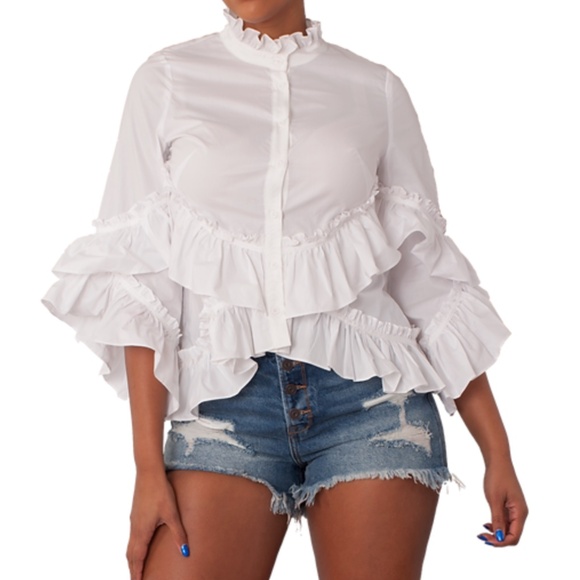 NEW White 100% Cotton Ruffle Top on sleeves and hem button front sz M - Picture 1 of 17